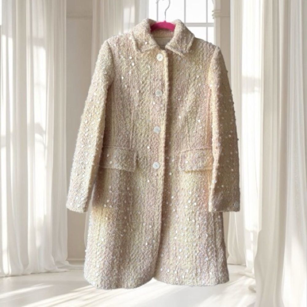 VTG Banana Republic Cream Pink Wool Sequin Coat Size MP